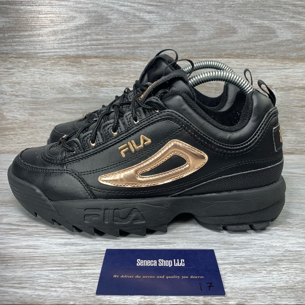 Fila Women’s Disruptor II Metallic Accent Black/Rose Gold Sneakers Size 8.5